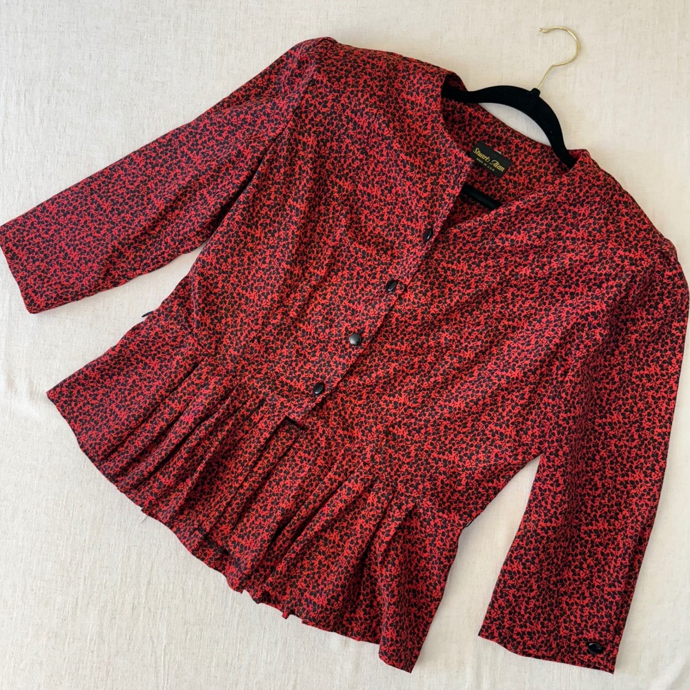 Stuart Alan Vintage Red Black Floral Peplum Blouse 3/4 Sleeve Size 14 (M/L) USA